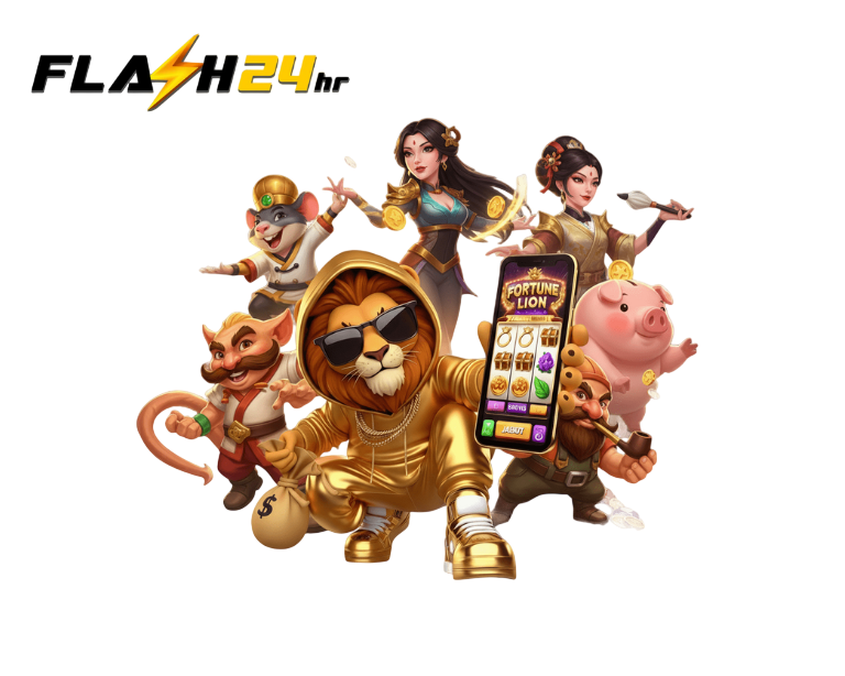 การ์ตูนตัวละครแฟนตาซีกลุ่มหนึ่งถือสมาร์ตโฟนแสดงสล็อต พร้อมเหรียญทองและสัญลักษณ์เกม